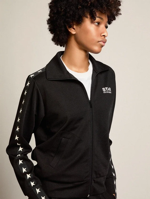 Schwarzes Damen-Sweatshirt mit Reißverschluss und weißen Sternen