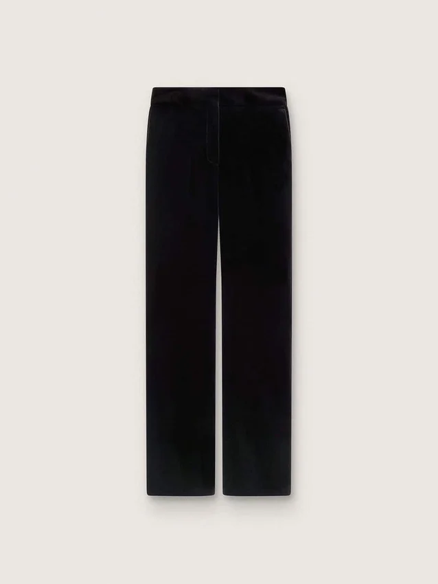 Slim-Fit-Hose mit ausgestelltem Bein aus schwarzem Baumwollsamt für Damen
