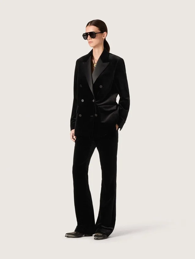 Slim-Fit-Hose mit ausgestelltem Bein aus schwarzem Baumwollsamt für Damen