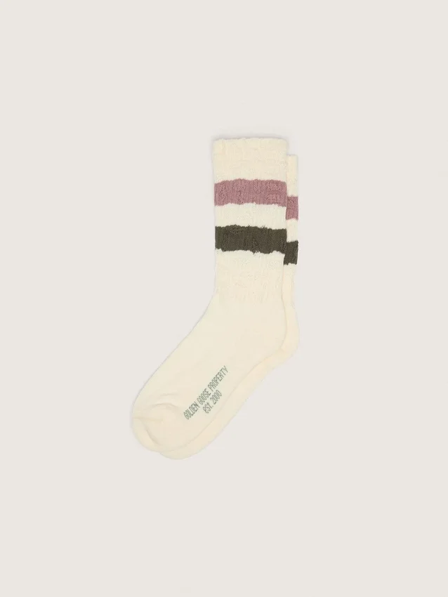 Socken in gealtertem Weiß mit mehrfarbigen Streifen