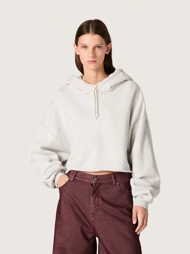 Star Damen-Cropped-Kapuzen-Sweatshirt aus grau melierter Baumwolle