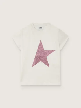 „Star“-Mädchen-Hemd aus weißem Baumwolljersey mit rosa Glitzerstern
