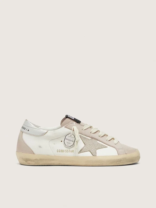 Super-Star für Damen aus weißem und puderrosa Leder mit silbernem Swarovski-Kristallstern