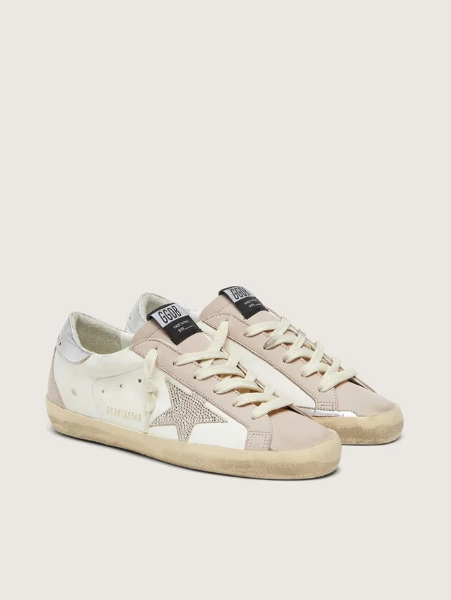 Super-Star für Damen aus weißem und puderrosa Leder mit silbernem Swarovski-Kristallstern