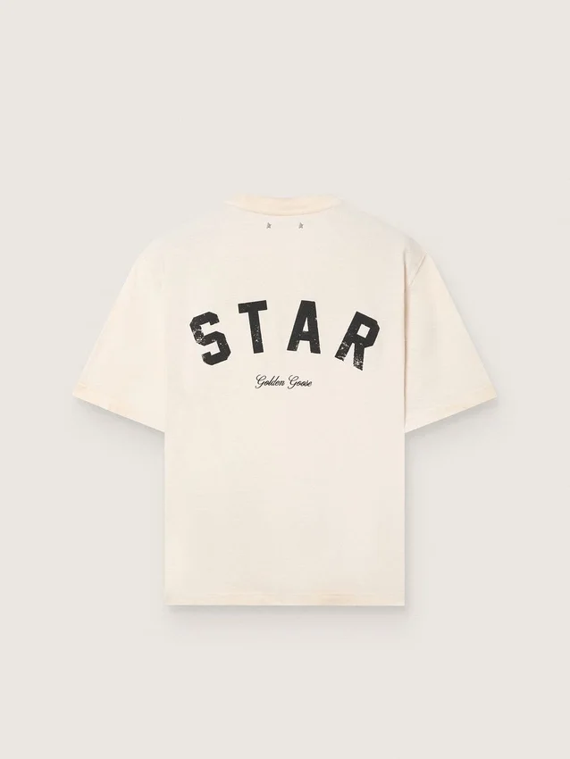 Unisex-Baumwoll-Hemd „Star“ in Vintage-Weiß mit schwarzem Aufdruck auf der Rückseite