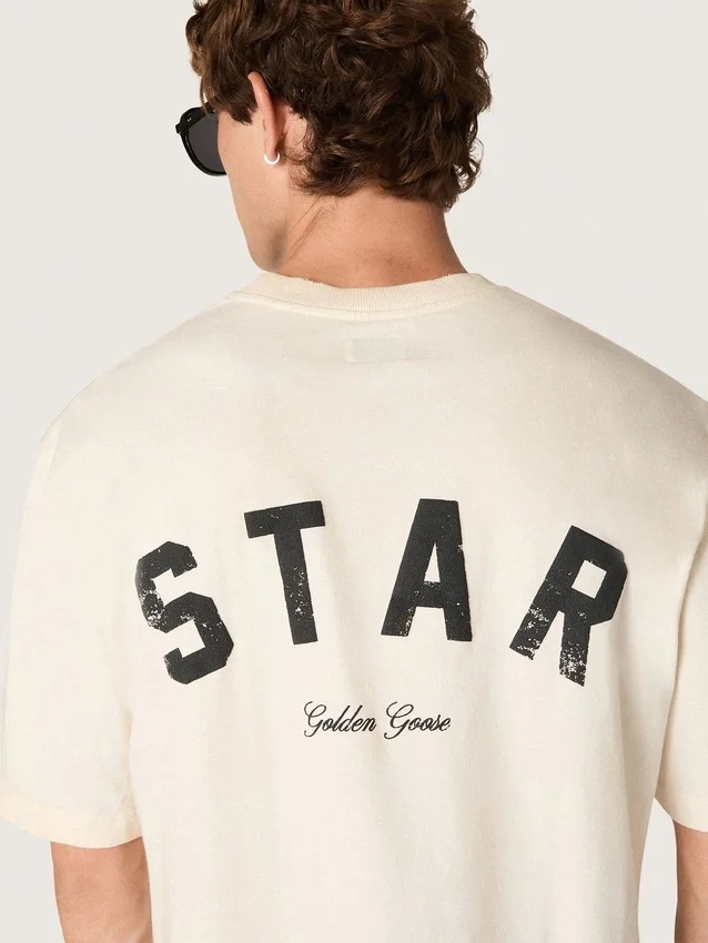Unisex-Baumwoll-Hemd „Star“ in Vintage-Weiß mit schwarzem Aufdruck auf der Rückseite