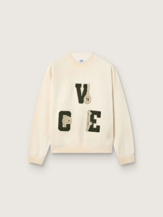 Unisex-Baumwoll-Sweatshirt „Star“ in Vintage-Weiß mit gestickten VCE-Aufnähern