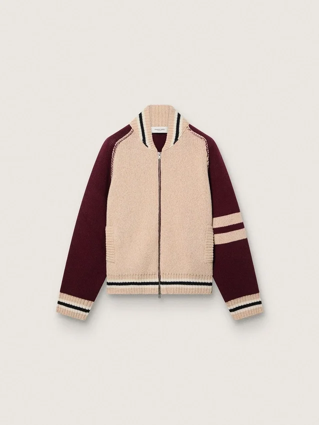 Unisex-Bomberjacke aus weißem und burgunderrotem Jacquard-Strick