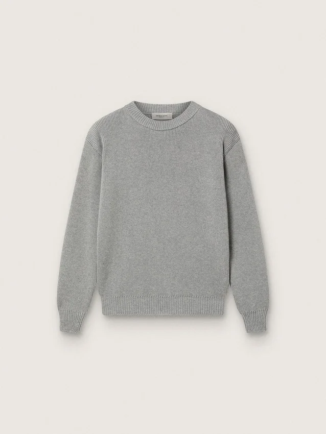 Unisex-Pullover „Golden“ für Kinder aus grau meliertem Rippstrick mit Logo auf der Rückseite