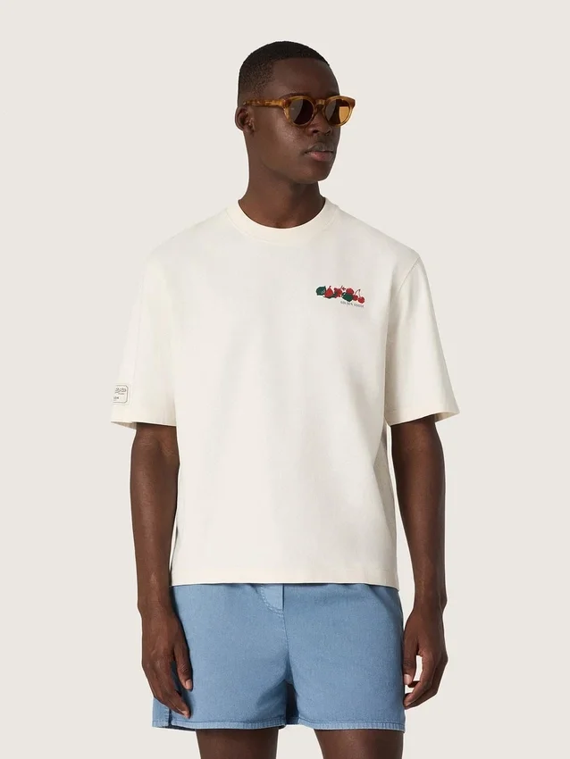 Unisex-Resort-Hemd aus weißer Baumwolle mit Aufdruck und Logo