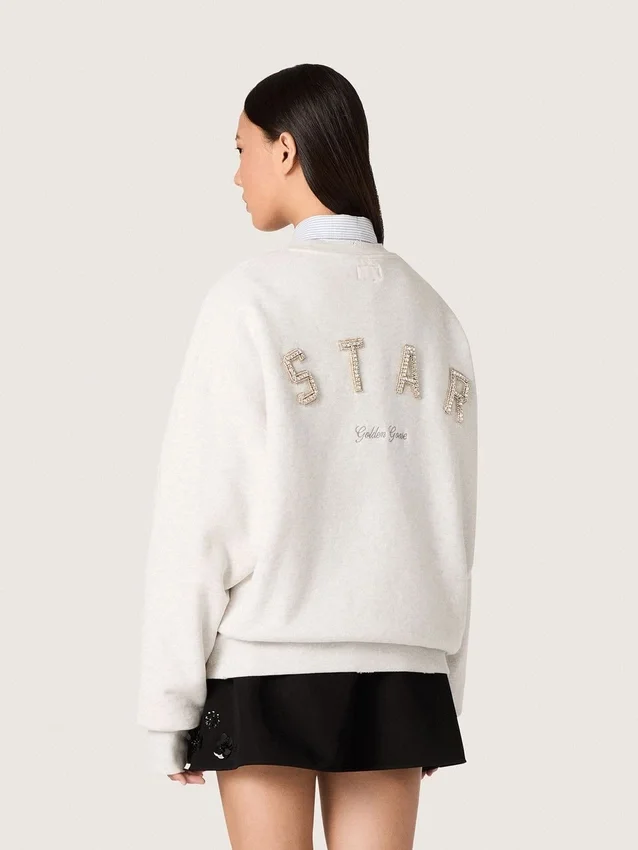 Unisex-Sweatshirt „Star“ aus grauer Baumwolle mit Stickerei und Kristallen