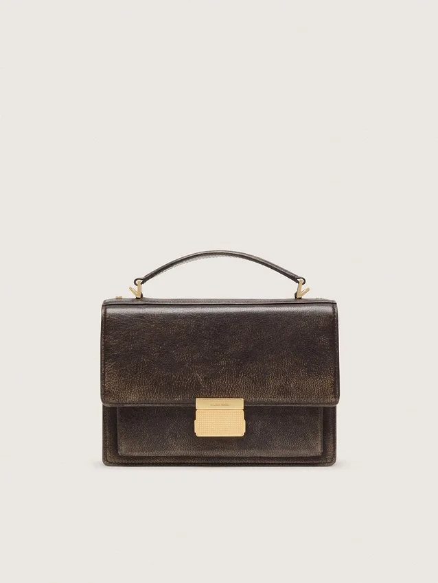 Venezia-Tasche aus vintage-braunem, geprägtem Leder mit goldenen Details