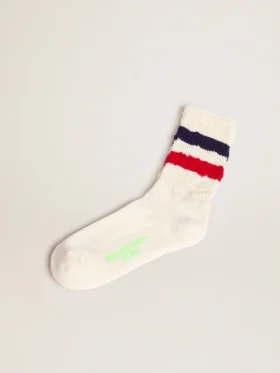 Vintage-weiße Socken mit Used-Look-Details und zweifarbigen Streifen