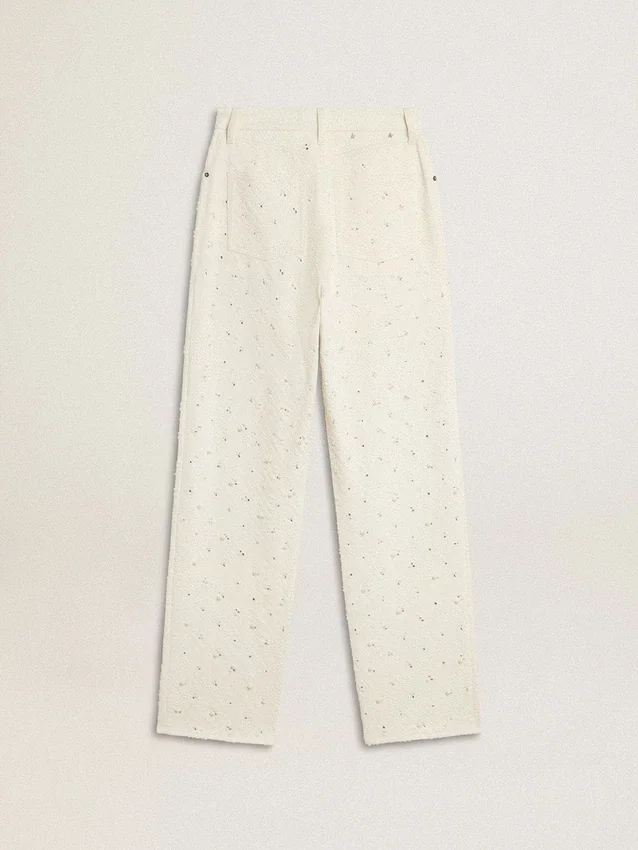 Weiße Damenjeans mit Perlen und Kristallen