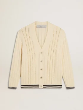 Weiße Herren-Strickjacke aus Baumwolle mit Zopfmuster und blauen Bündchen