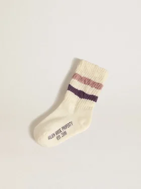 Weiße Kindersocken mit rosa und lila Streifen
