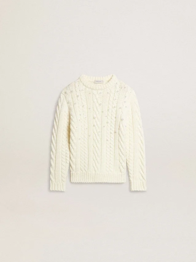Weißer Wollpullover für Mädchen mit Perlen