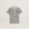 Weißes Baumwoll-Polohemd für Jungen mit marineblauen Streifen und Stickerei