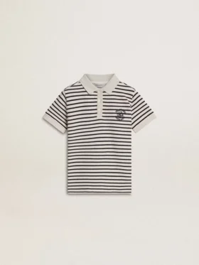 Weißes Baumwoll-Polohemd für Jungen mit marineblauen Streifen und Stickerei
