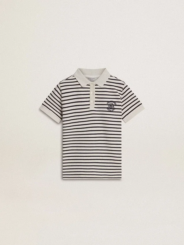 Weißes Baumwoll-Polohemd für Jungen mit marineblauen Streifen und Stickerei