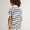Weißes Baumwoll-Polohemd für Jungen mit marineblauen Streifen und Stickerei