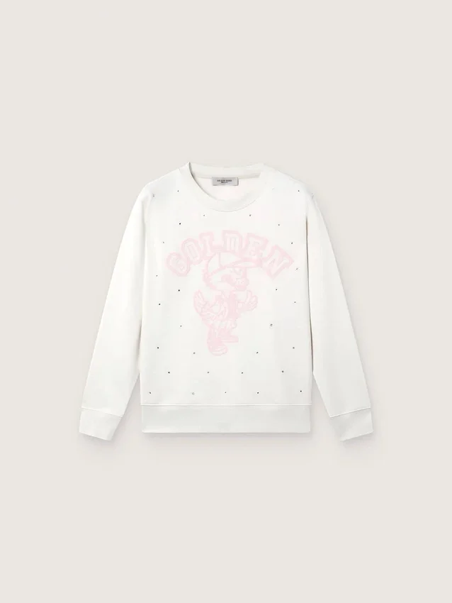 Weißes Baumwoll-Sweatshirt mit Rundhalsausschnitt für Mädchen von Journey mit Maskottchen-Print und Kristallapplikationen