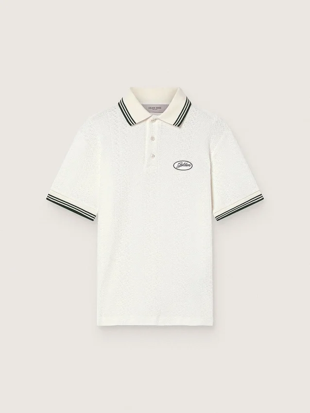 Weißes Herren-Polohemd aus Baumwolle mit durchbrochenem Jacquard-Muster
