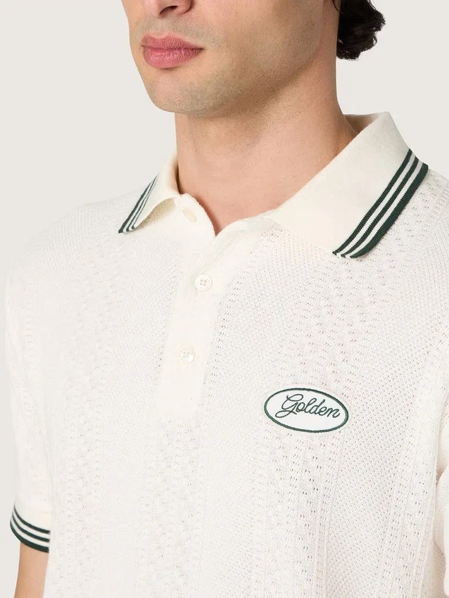Weißes Herren-Polohemd aus Baumwolle mit durchbrochenem Jacquard-Muster