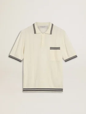 Weißes, im Used-Look gehaltenes Strick-Poloshirt für Herren mit blauen Rippbündchen
