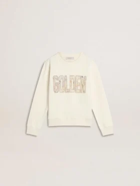 Weißes Mädchen-Sweatshirt mit mehrfarbigem goldenem Schriftzug auf der Vorderseite