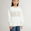 Weißes Mädchen-Sweatshirt mit mehrfarbigem goldenem Schriftzug auf der Vorderseite