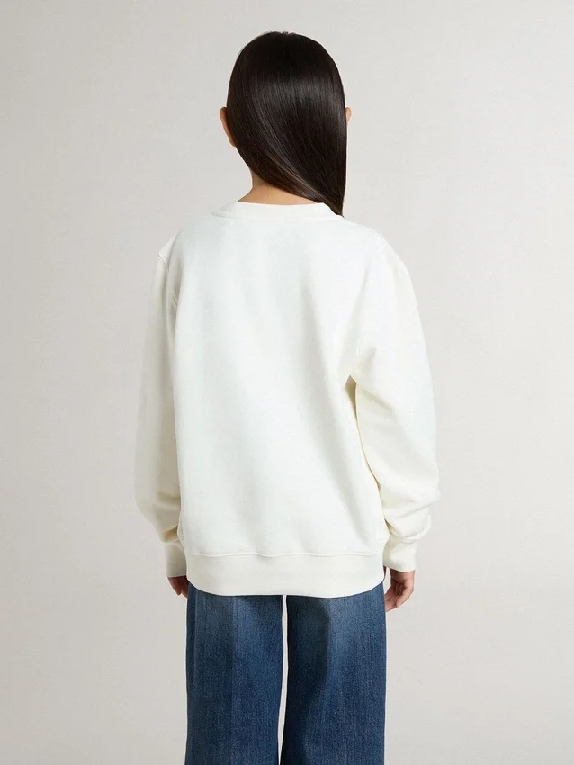 Weißes Mädchen-Sweatshirt mit mehrfarbigem goldenem Schriftzug auf der Vorderseite
