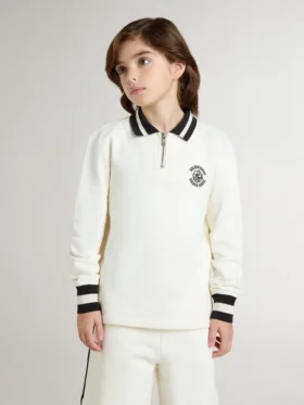 Weißes Polo-Sweatshirt für Kinder aus Baumwolle mit Stickerei auf der Brust und Aufdruck auf der Rückseite