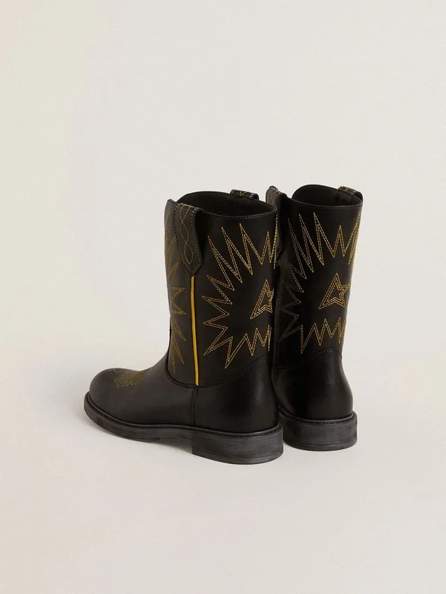 Wish Junior-Stiefel aus schwarzem Leder mit gelber Sternstickerei