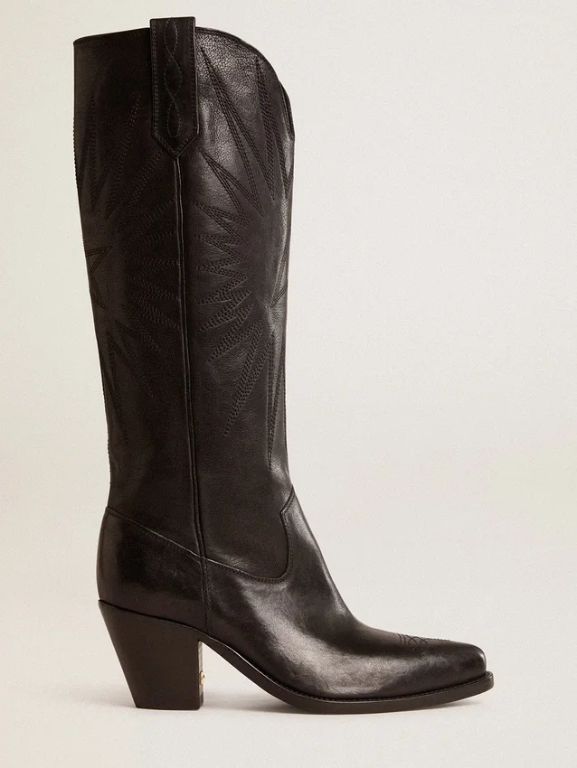 Wish Star Damenstiefel aus schwarzem Leder mit Sternstickerei
