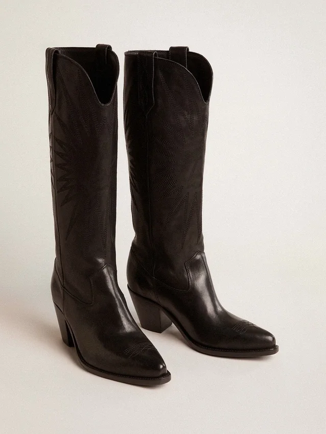 Wish Star Damenstiefel aus schwarzem Leder mit Sternstickerei