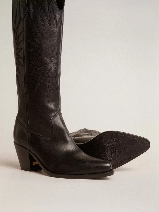Wish Star Damenstiefel aus schwarzem Leder mit Sternstickerei