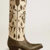 „Wish Star“-Stiefel aus schwarzem und weißem Leder mit eingearbeiteter Rose und Stern