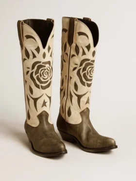 „Wish Star“-Stiefel aus schwarzem und weißem Leder mit eingearbeiteter Rose und Stern