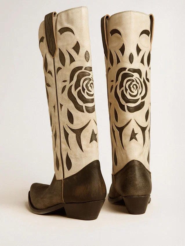 „Wish Star“-Stiefel aus schwarzem und weißem Leder mit eingearbeiteter Rose und Stern