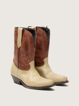 „Wish Star“-Stiefel für Damen aus beigem und braunem Leder mit Stickerei