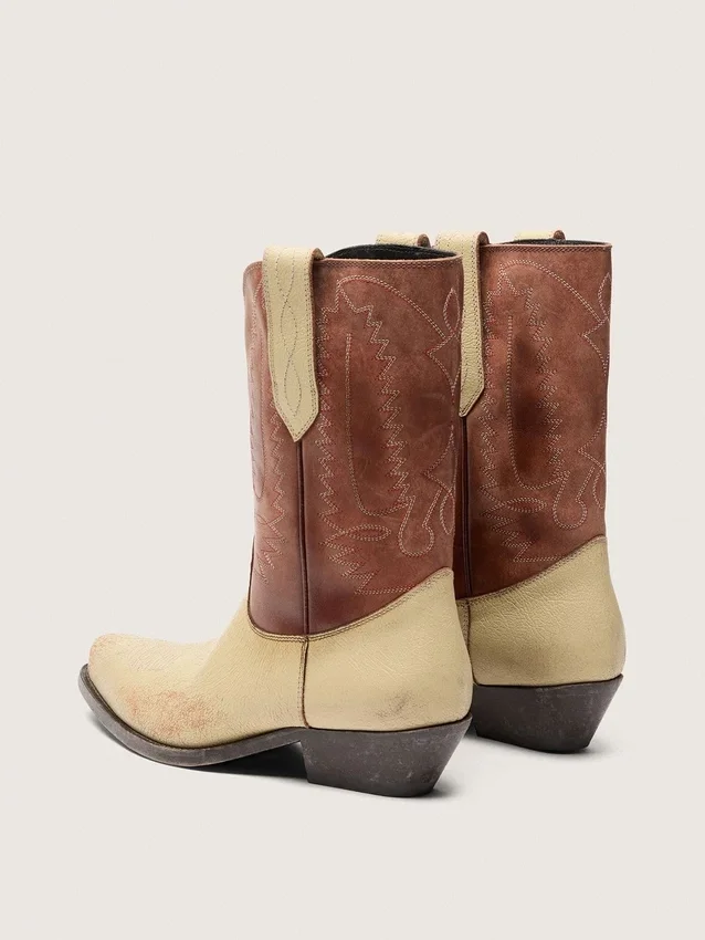 „Wish Star“-Stiefel für Damen aus beigem und braunem Leder mit Stickerei