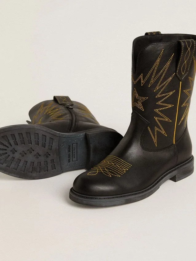 Wish Teen-Stiefel aus schwarzem Leder mit gelber Sternstickerei